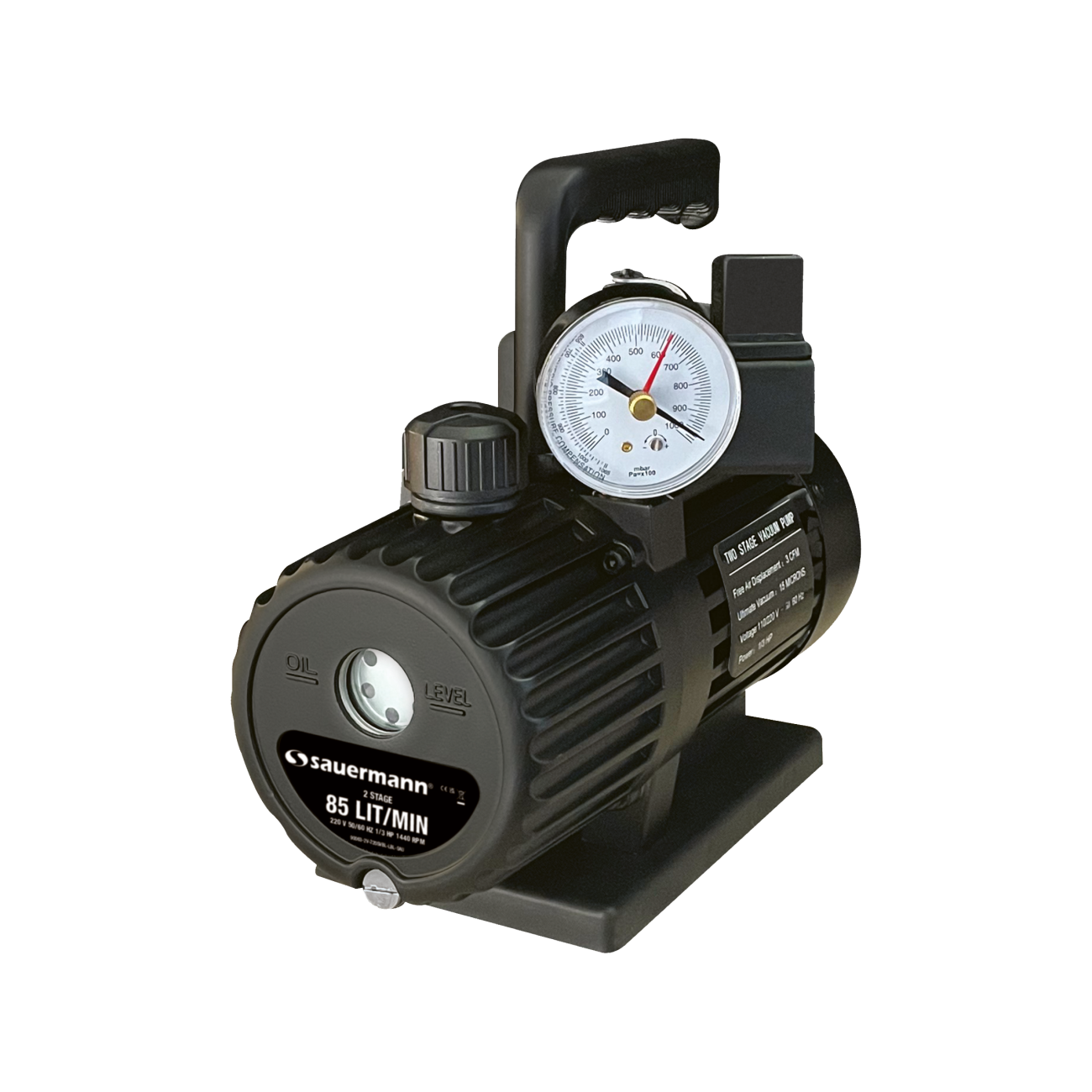 Zweistufige Vakuumpumpe, 56 - 340 L/min Fördermenge 56 L/min, 250 W, 8 kg Zweistufige Vakuumpumpe, 56 - 340 L/min Fördermenge 56 L/min, 250 W, 8 kg